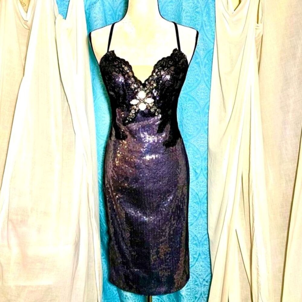 🌟 Lace & Jewel Embellished Sequin Cocktail Formal Dress Sz M